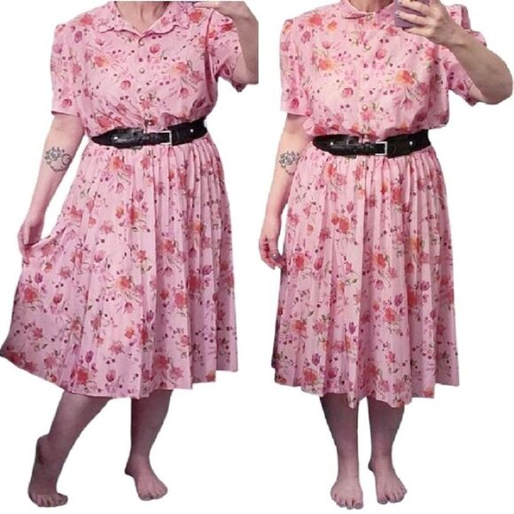 VTG 80s Pink Floral Short Sleeve Buttoned Midi Dress Size 20P *Fits like Large - Picture 6 of 16
